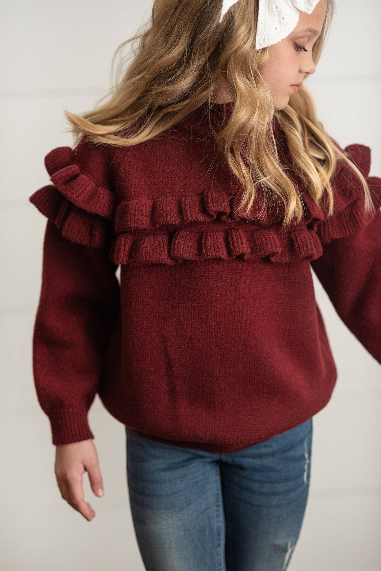 Kids Wine Double Ruffle Crew Neck Fall Winter Sweater