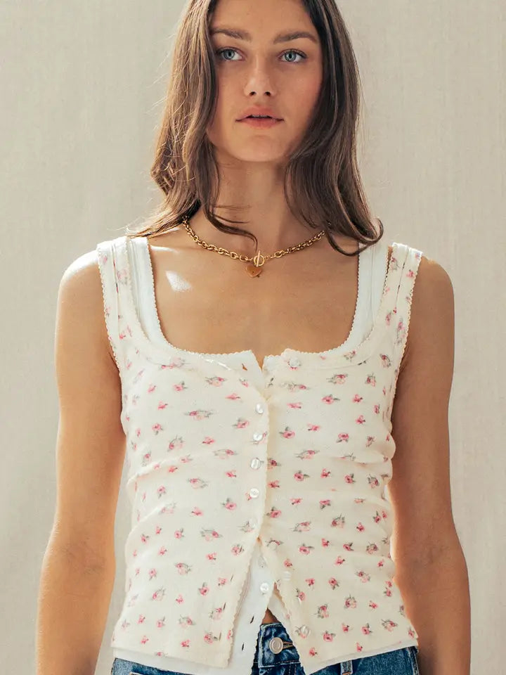 Ribbed Cotton Button-Front Tank