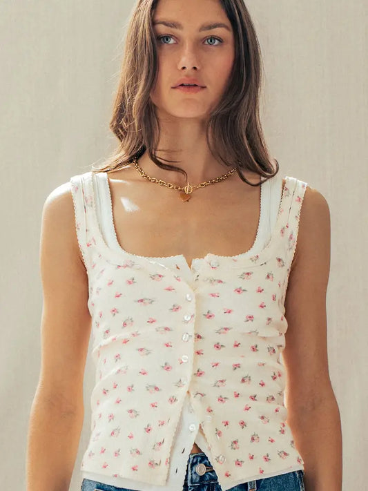 Ribbed Cotton Button-Front Tank