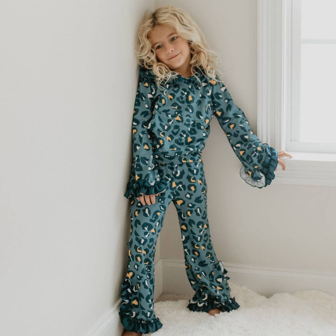 Kids Blue Leopard Print Hooded Ruffle Pocket Lounge Set