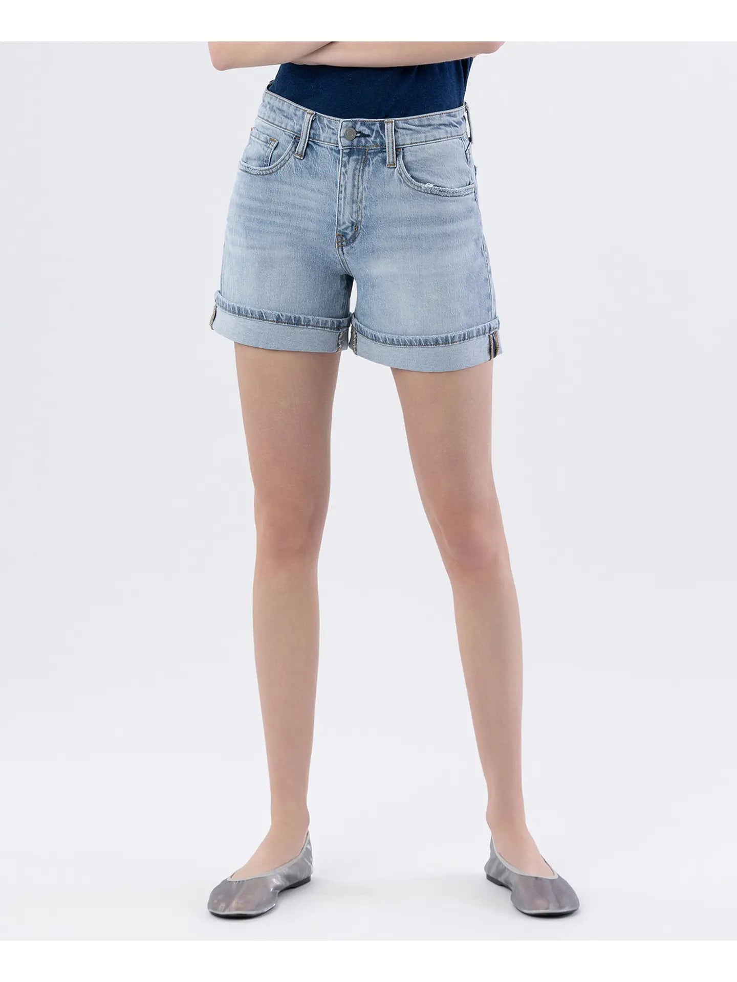 High Rise Cuffed Denim Shorts