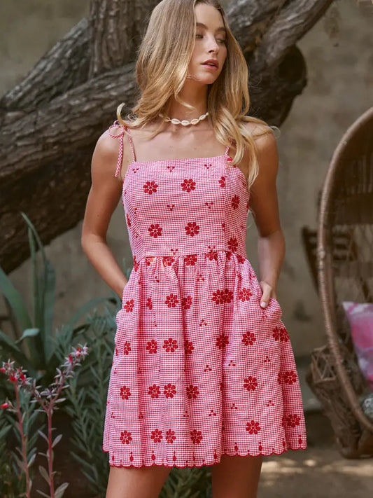 Floral Embroidered Gingham Mini Dress