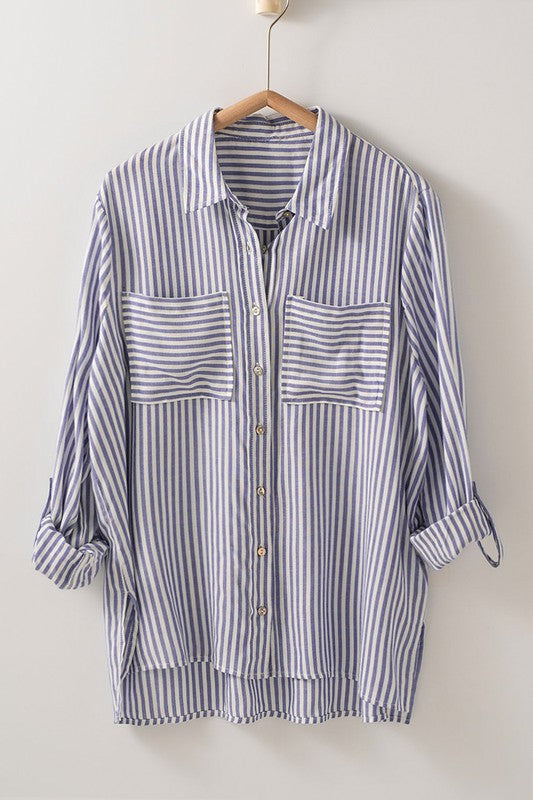 Relaxed Fit Vertical Striped Rayon Button
