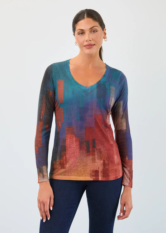 3/4 Sleeve Henley Top, Botany Patchwork