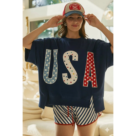 4th of July Polka Dot Usa Lettered Patch Work Top