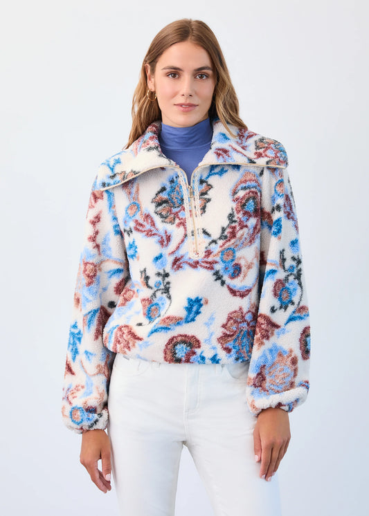1/2 Zip Sherpa Popover Jacket, Creme Neutral Damask