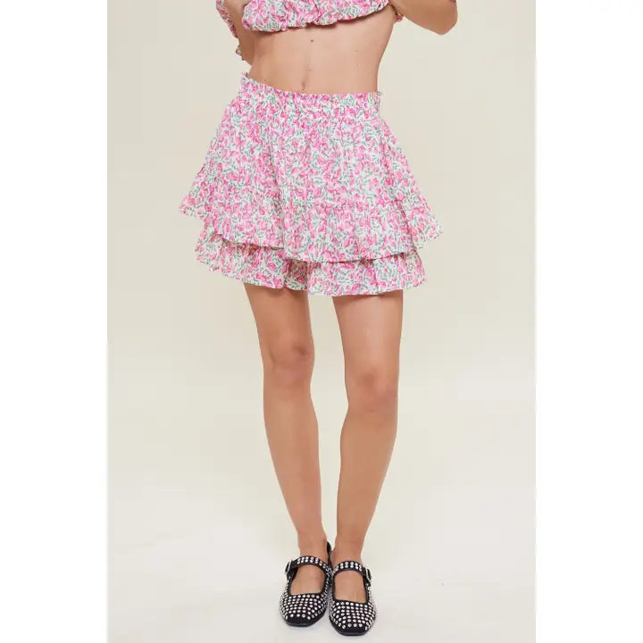 Preppy Floral Print Tiered Mini Skort