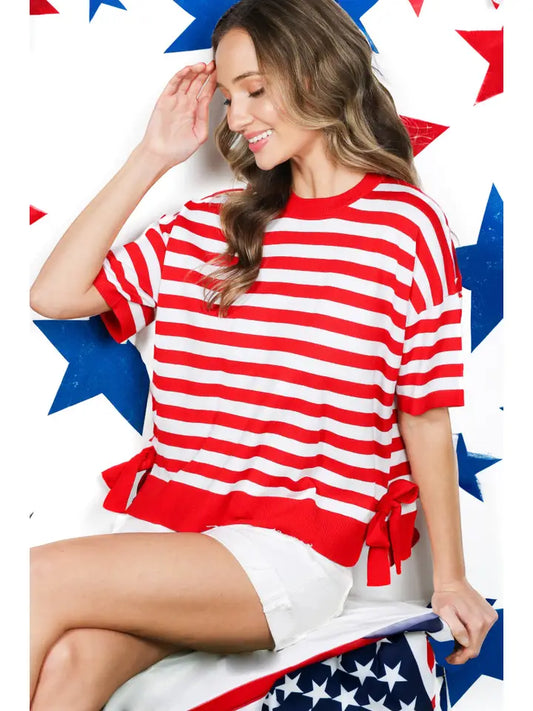 Bow with Side Slit Crew Neck Sweater