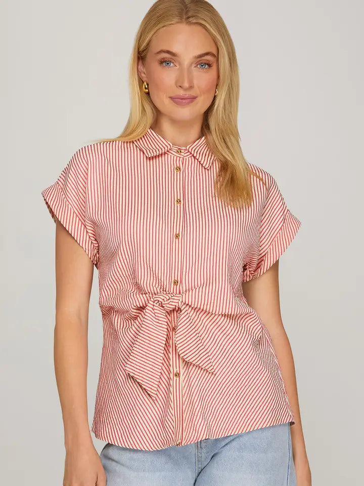 Woven Striped Tie Front Button Down Shirt Top