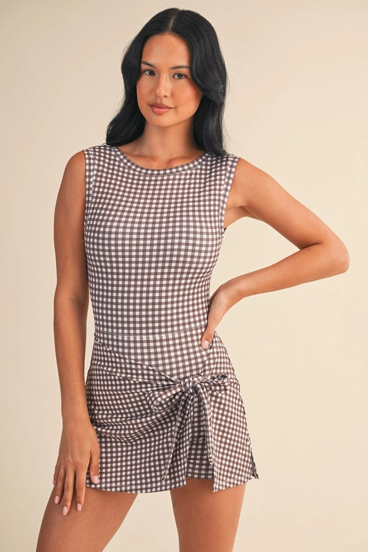 Gingham Print Sleeveless Wrap Tie Front Dress
