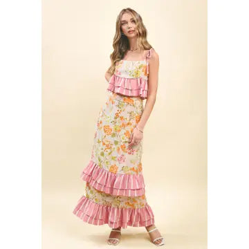 Floral Print Contrast Striped Ruffle Hem Skirt