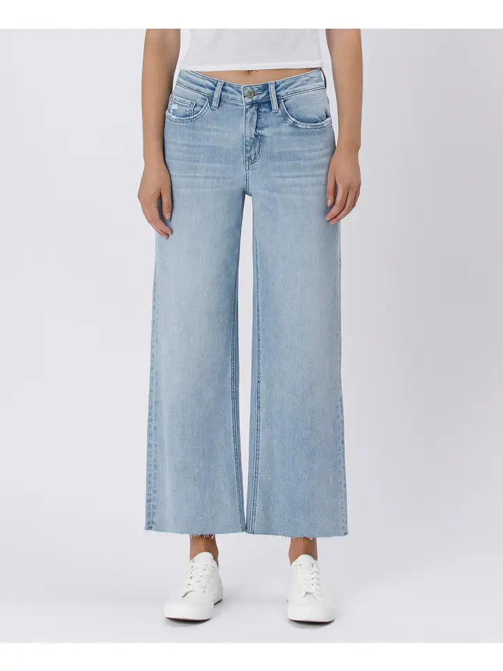 High Rise Light Wash Raw Hem Wide Leg Jeans