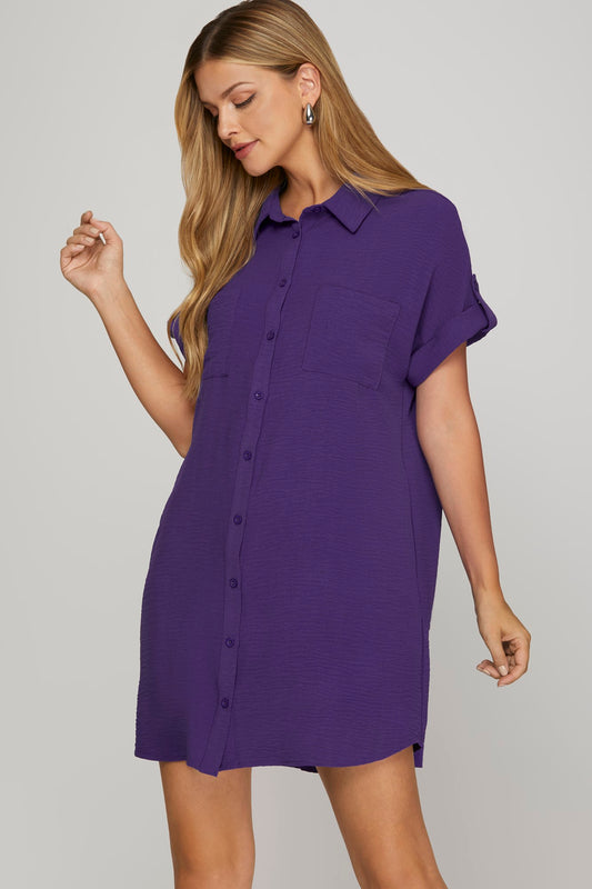 DROP SHOULDER BUTTON UP WOVEN SHIRT DRESS