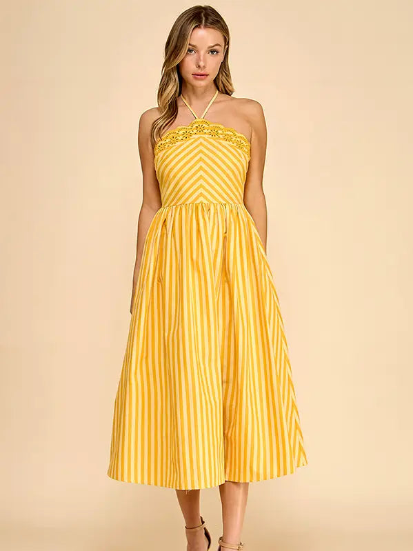 Scalloped Halter Neckline Midi Dress