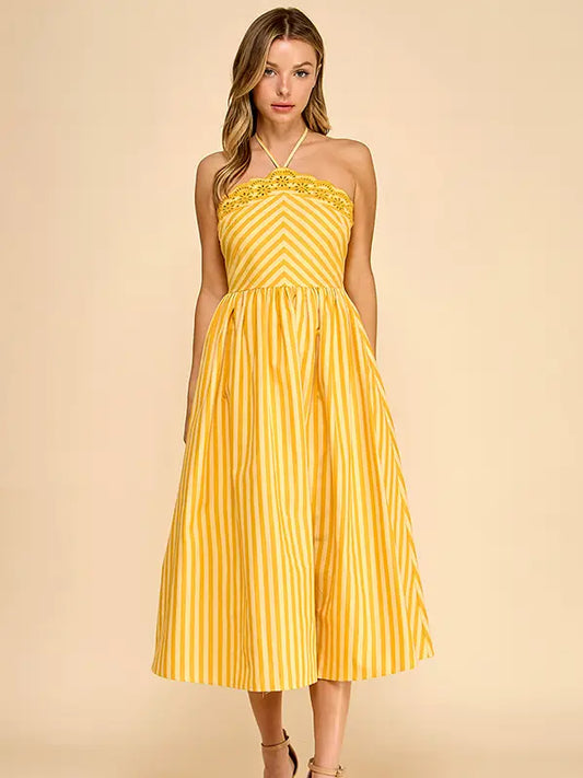Scalloped Halter Neckline Midi Dress
