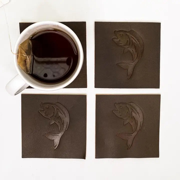 Leather Embossed Coasters Dark Brown 4x4