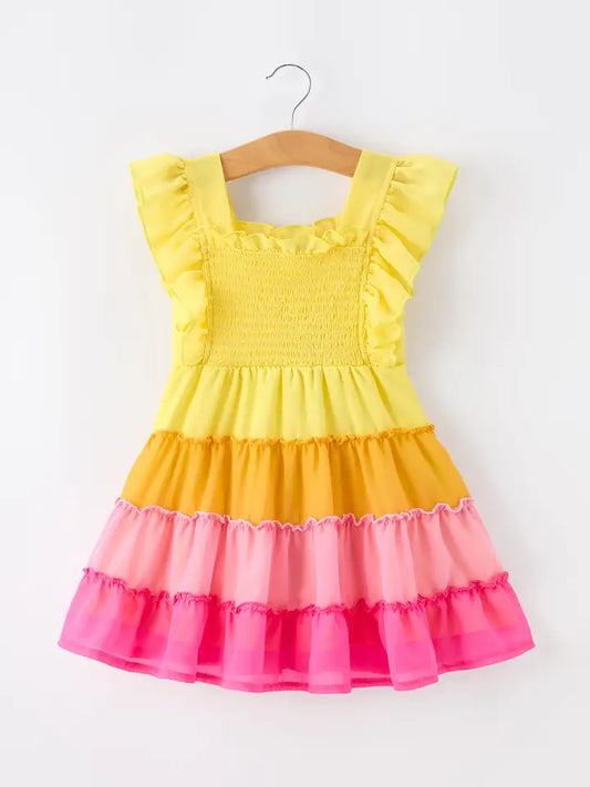 Summer Ombre Ruffle Girls Dress Smocked Strap Dress
