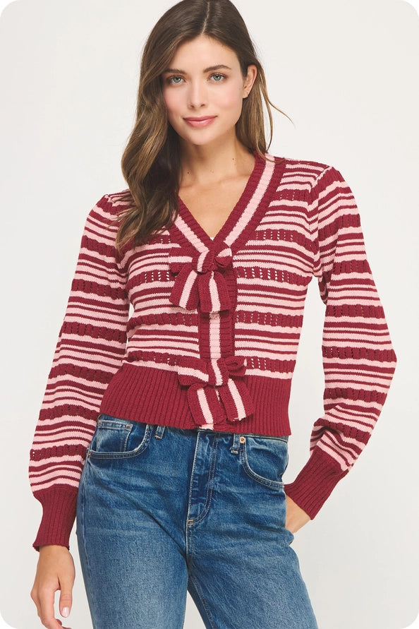 Bow Detail Striped Pointelle Knit Cardigan