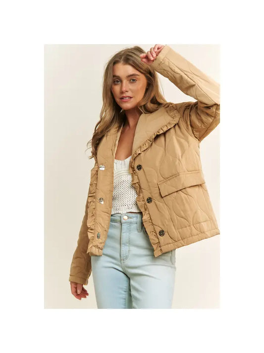 Ruffle Edge Detail Quilted Loose Fit Jacket