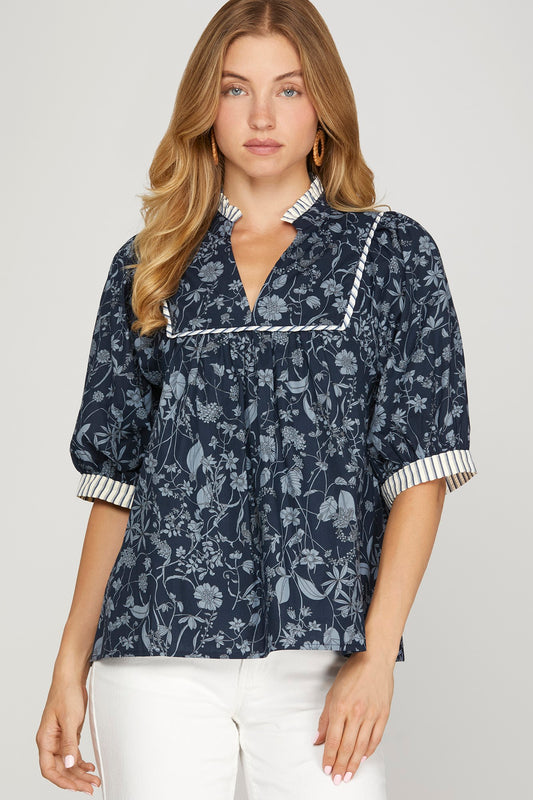 V Neck Navy Blouse W/ 3 QL Sleeves