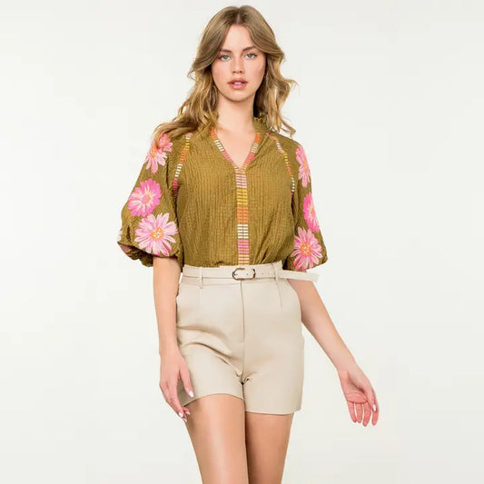 Embroidered Puff Sleeve Textured Floral Top