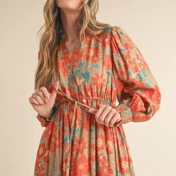Exclusive Print Button Down Puff Sleeve Midi Dress