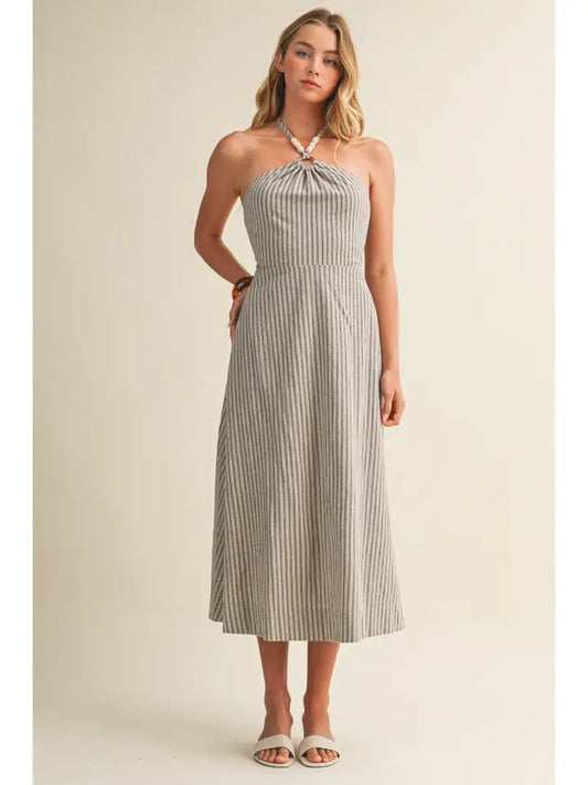 Ring Detail Striped Halter Dress