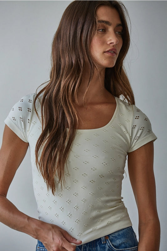 Seamless Eyelet Round Neck Short Sleeve Top