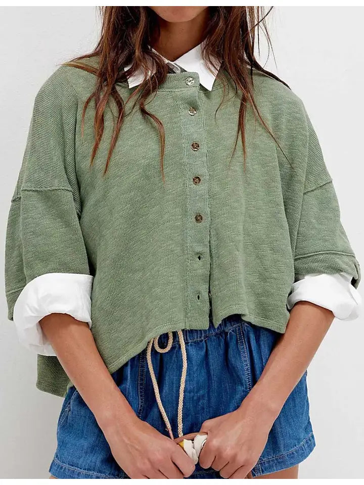 Ladies Solid Color Midi Sleeves Knitted Cardigan