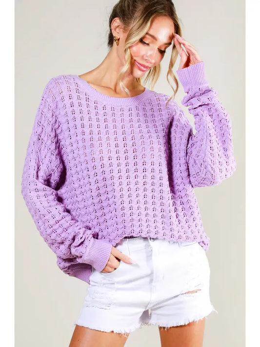 Crew Neck 100%Cotton Textured Crochet Knit Sweater