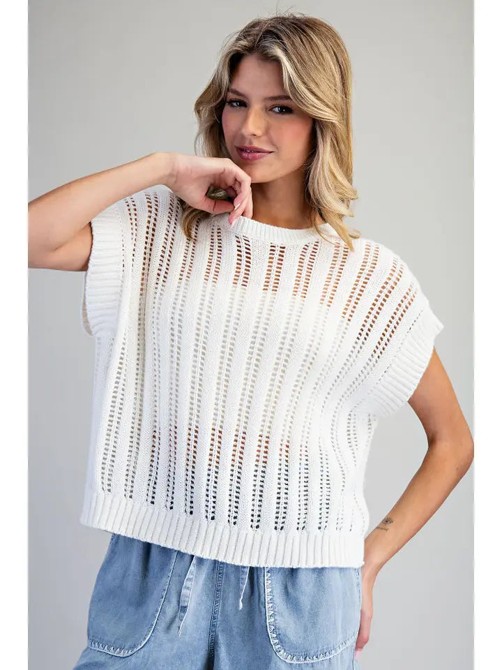 Open Knit Cap Sleeve Sweater Top