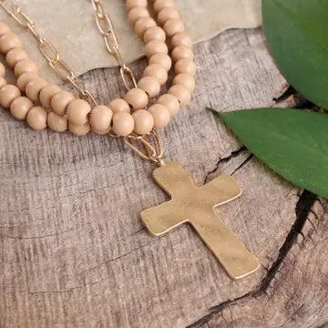 Multi Strand Wood Beads Short Statement Cross Necklace