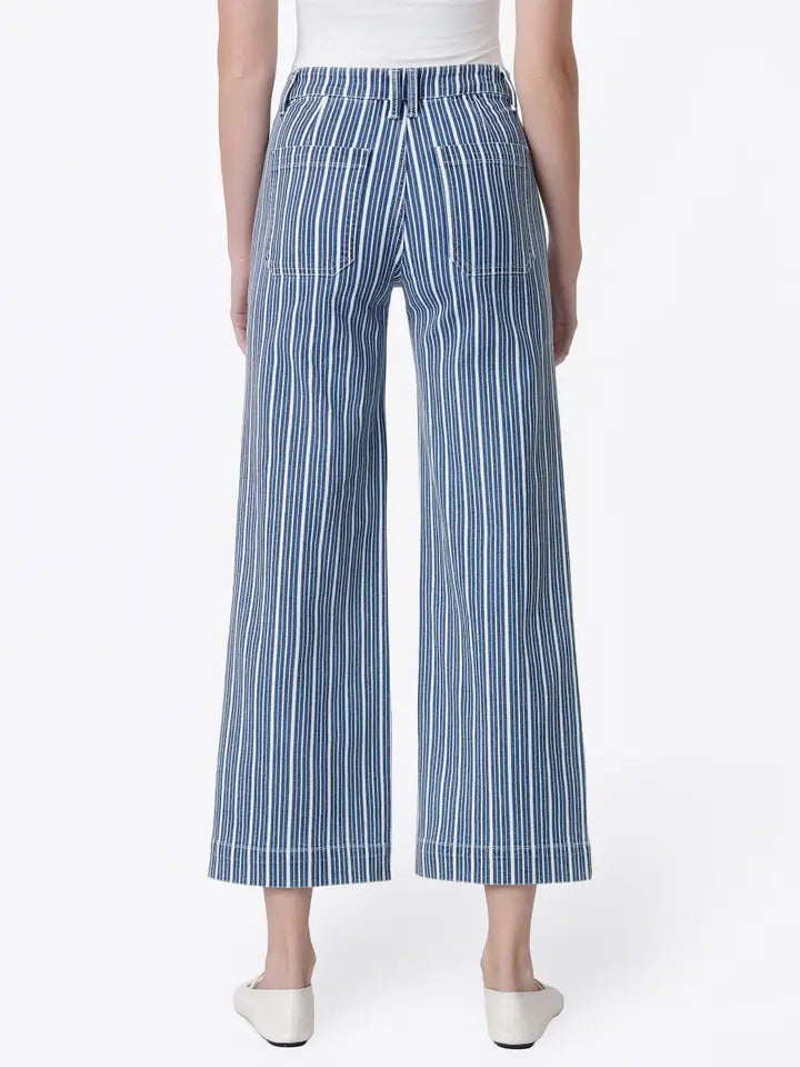 High Rise Patch Pocket Striped Crop Wide Leg Jeans VERVET by FLYING MONKEY