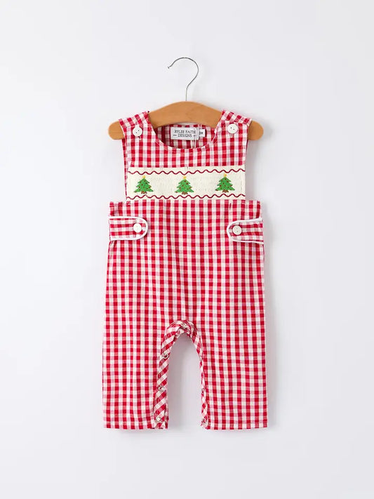 Christmas Smocking Embroidered Christmas Tree Plaid Plaid Baby Boy Romper