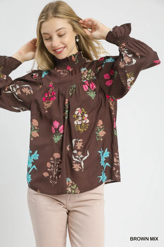 Floral Print Smocked Ruffle Blouse