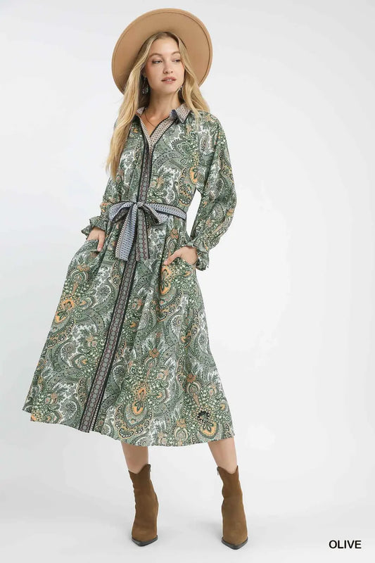 Paisley Mixed Print Belted Midi Shirt Dress
