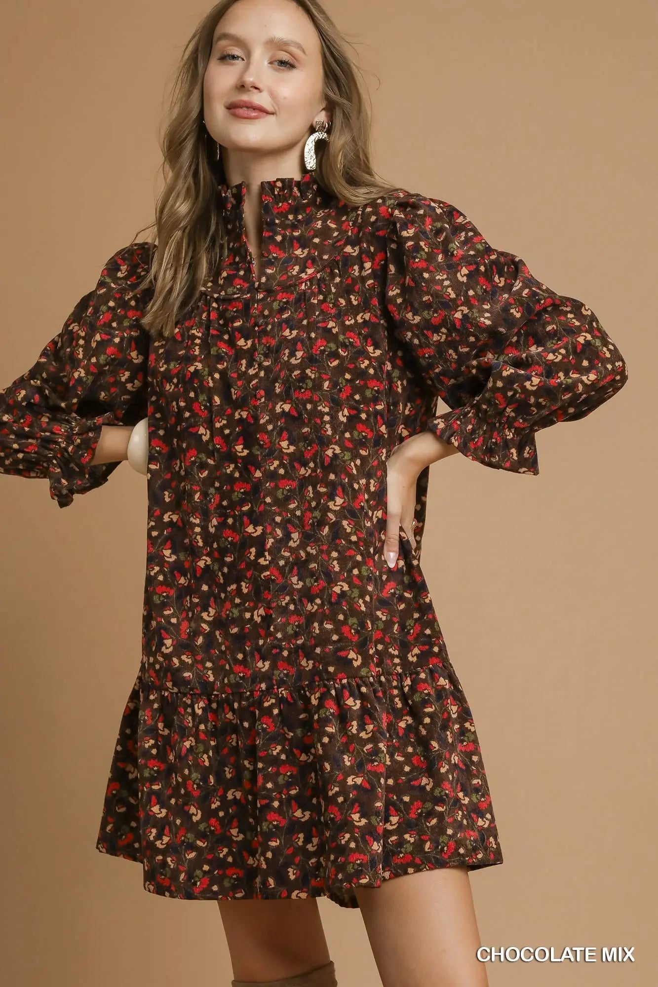 Corduroy Ruffle Hem Smocked Neck Mini Dress