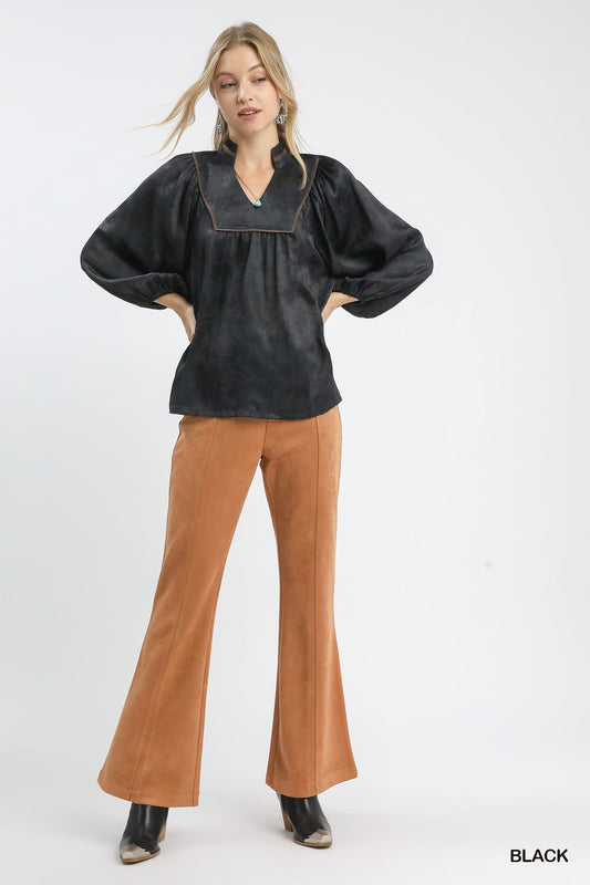 Crinkle Brocade Long Sleeve Blouse