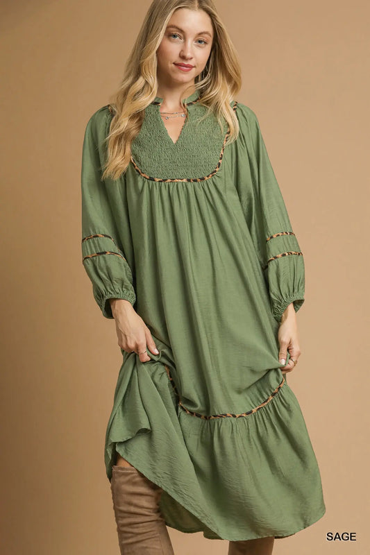 Smocked Yoke Maxi Dress with Boho Trim