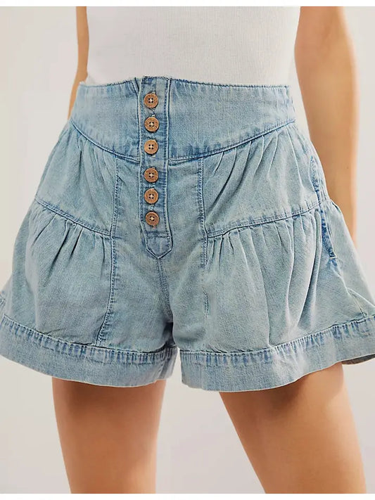 Ladies Solid Color Cotton Denim Shorts