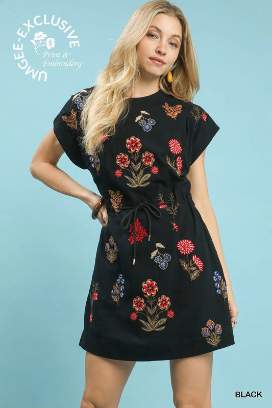 Embroidered Floral Mini Dress with Waist Tie
