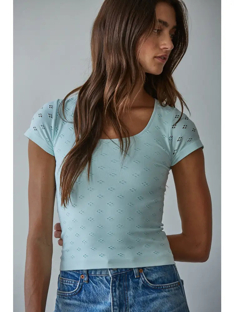 Seamless Eyelet Round Neck Short Sleeve Top