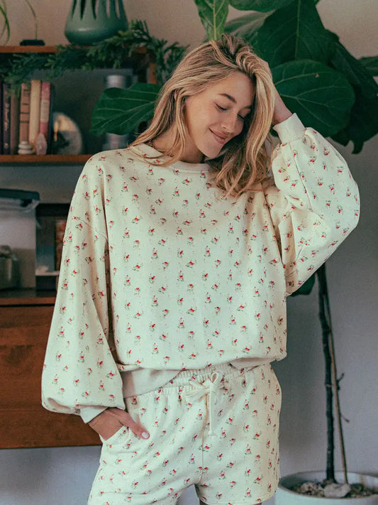 Floral Balloon Sleeve Sweatshirt and Shorts Set