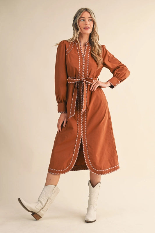 Striped Contrast Binding Detail Belted Midi Dress