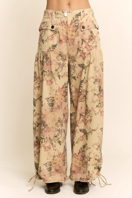 Floral Denim Wide-Leg Utility Pants