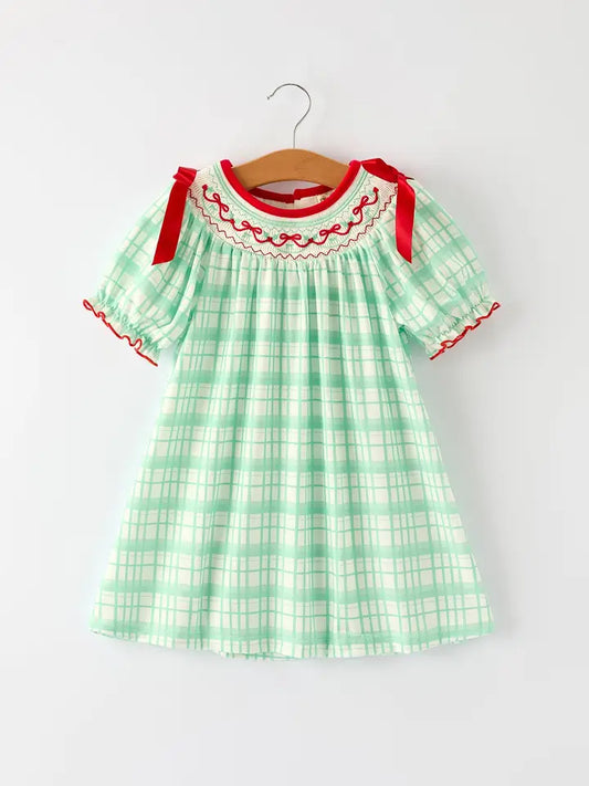 Christmas Girl Smock Embroidery Green Plaid Dress