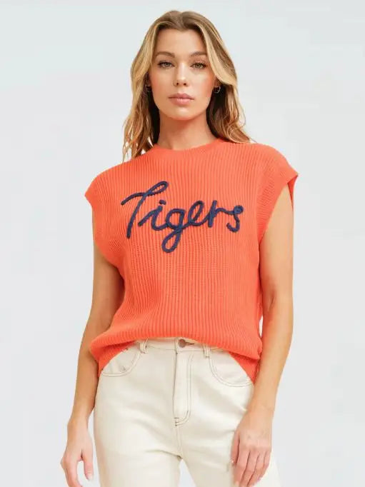 'tigers" Embroidered Sleeveless Sweater Top