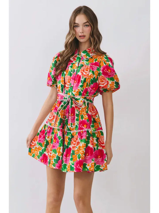 Floral Puff Sleeve Button Down Mini Dress