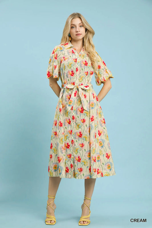 Button-Down Floral Midi Dress with Tie Waist
