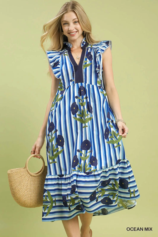 Mix Striped Floral Midi Dress